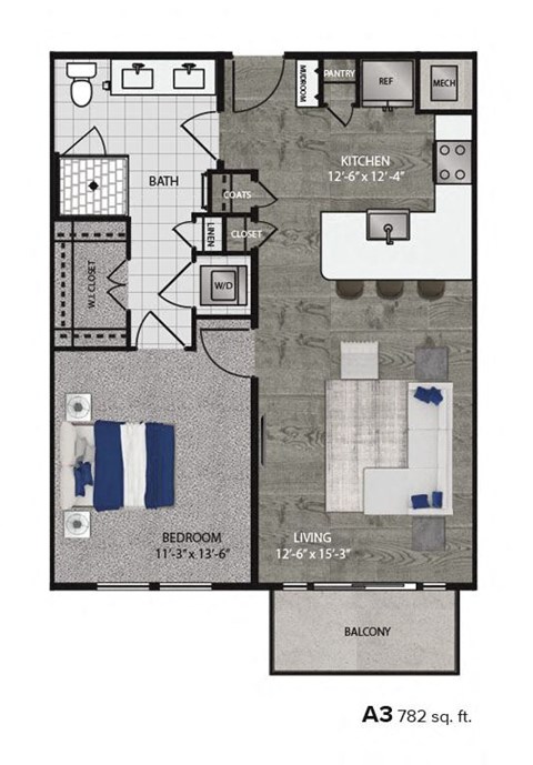 Floor plan for 1 bed, 1 bath, 782 sqft